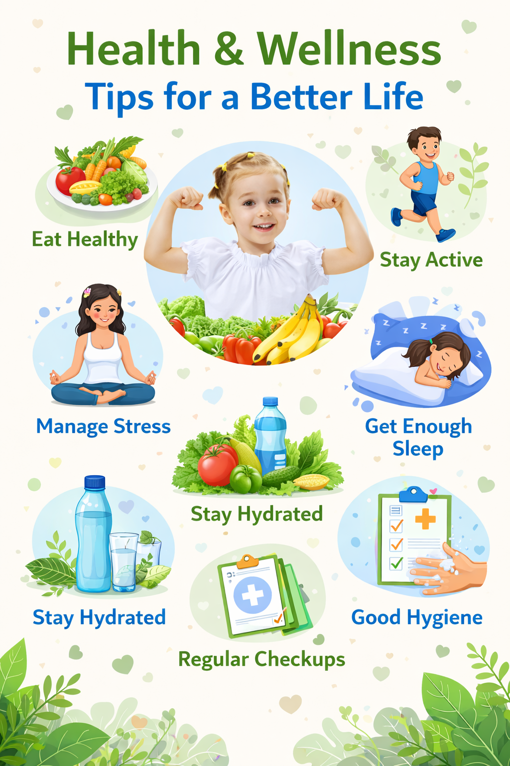 Health and wellness tips infographic showing healthy food, exercise, sleep, hydration, stress management, hygiene, and regular health checkups.