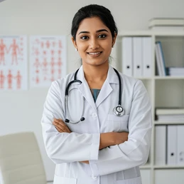 Female doctor with stethoscope smiling confidently in a modern medical clinic