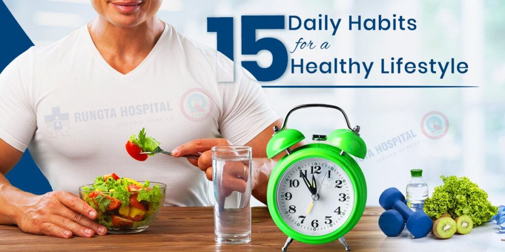 Healthy lifestyle habits including nutritious food, water, exercise, and daily routine for better health