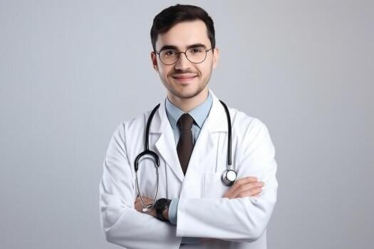 Professional male doctor with stethoscope standing confidently at Care Hospital