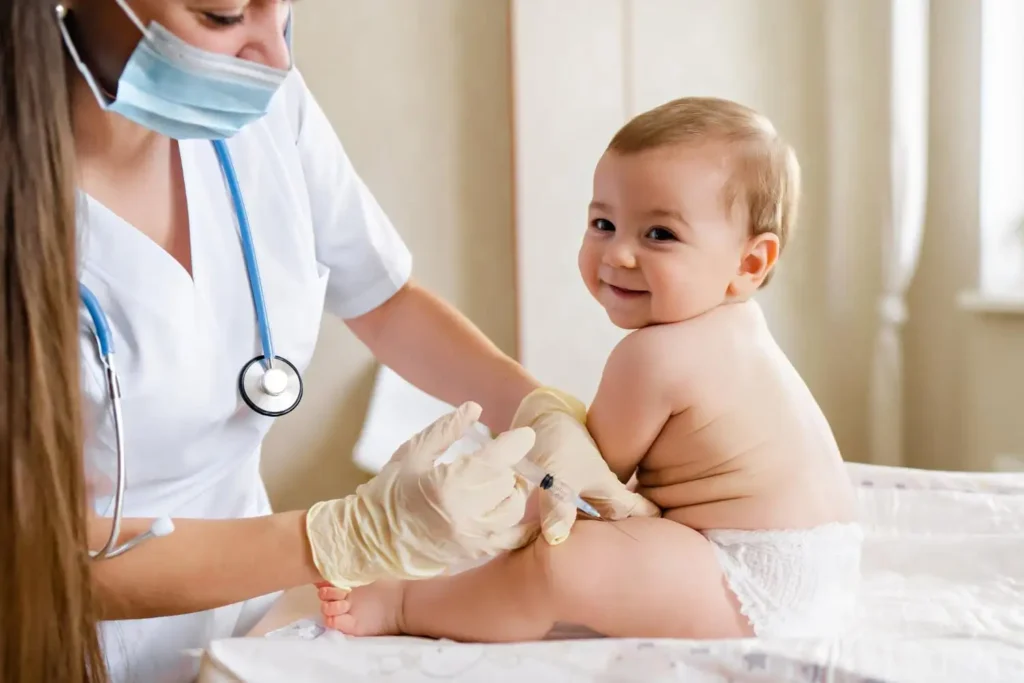 Lady doctor and child vaccination in care hospital